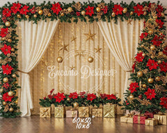 Poinsettia Wreath Beige Curtain Christmas Backdrop - Layoris