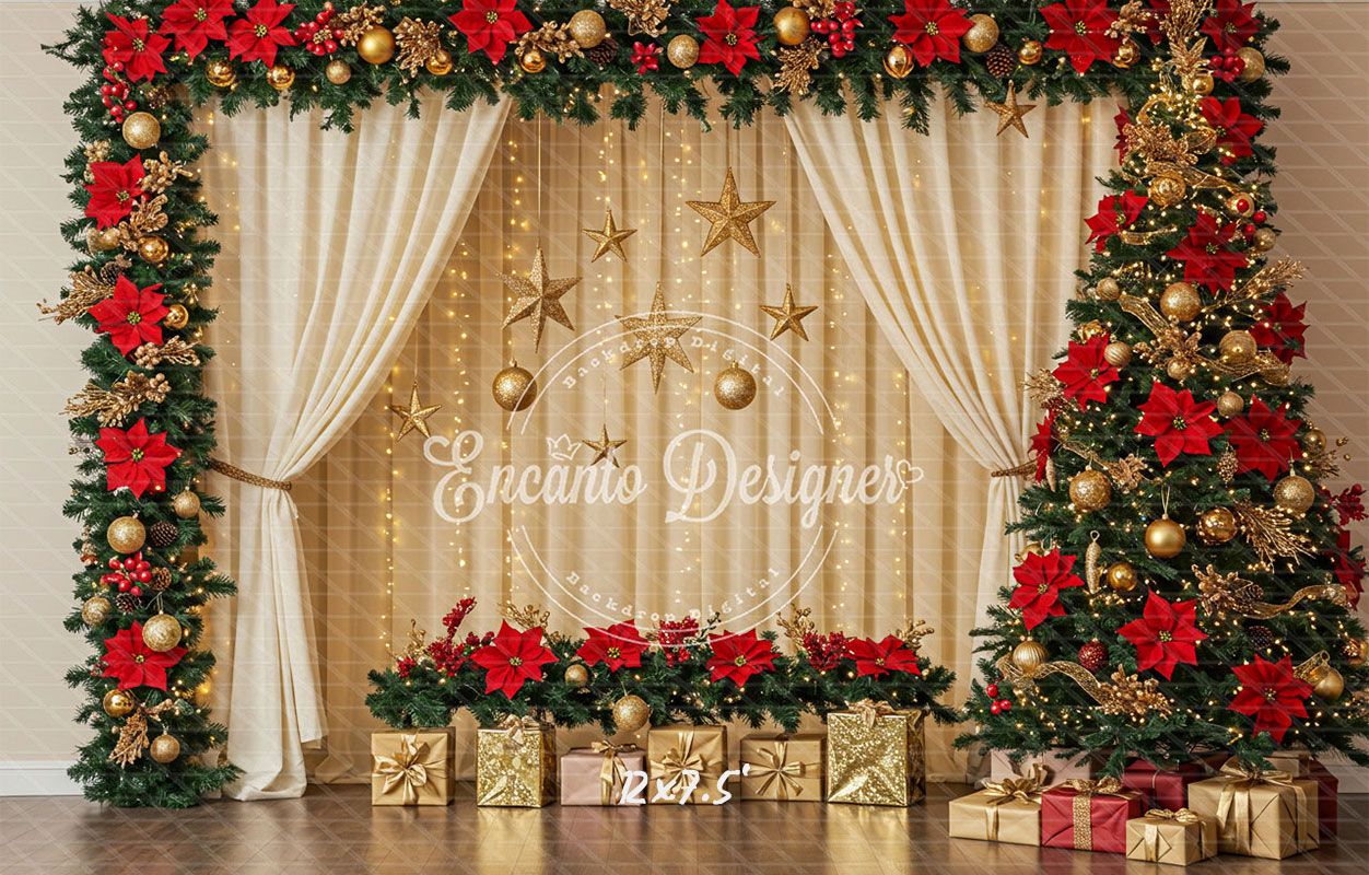 Poinsettia Wreath Beige Curtain Christmas Backdrop - Layoris
