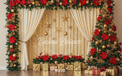 Poinsettia Wreath Beige Curtain Christmas Backdrop - Layoris