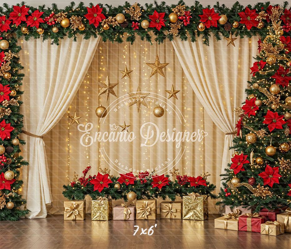 Poinsettia Wreath Beige Curtain Christmas Backdrop - Layoris