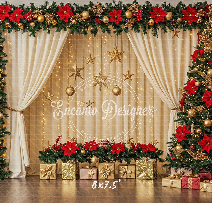 Poinsettia Wreath Beige Curtain Christmas Backdrop - Layoris