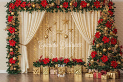 Poinsettia Wreath Beige Curtain Christmas Backdrop - Layoris