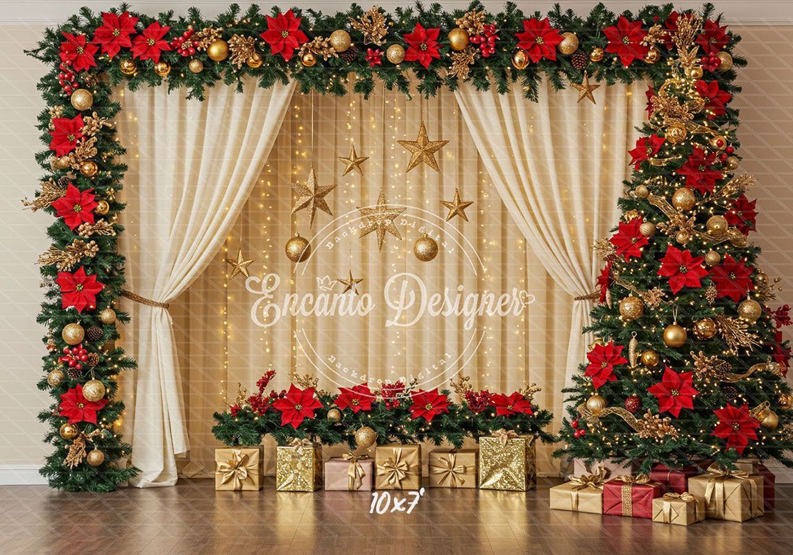 Poinsettia Wreath Beige Curtain Christmas Backdrop - Layoris