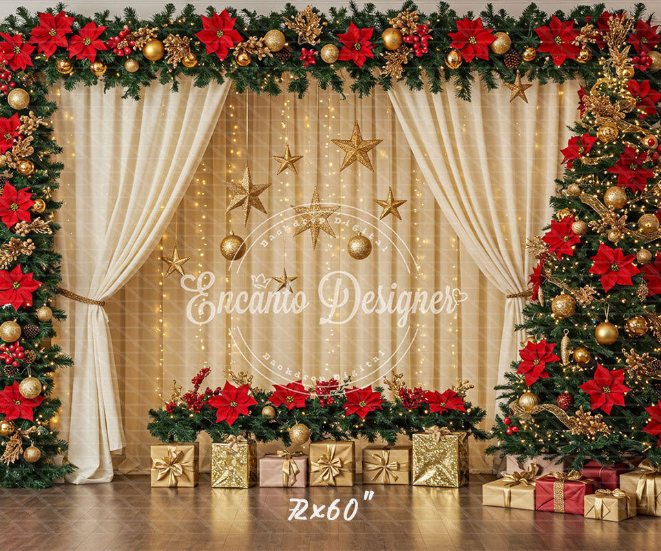 Poinsettia Wreath Beige Curtain Christmas Backdrop - Layoris