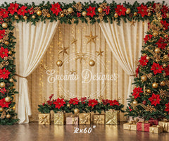 Poinsettia Wreath Beige Curtain Christmas Backdrop - Layoris