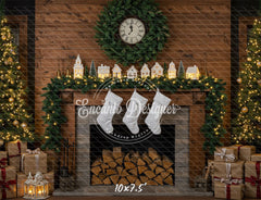 Wood Fireplace White Socks Christmas Backdrop - Layoris