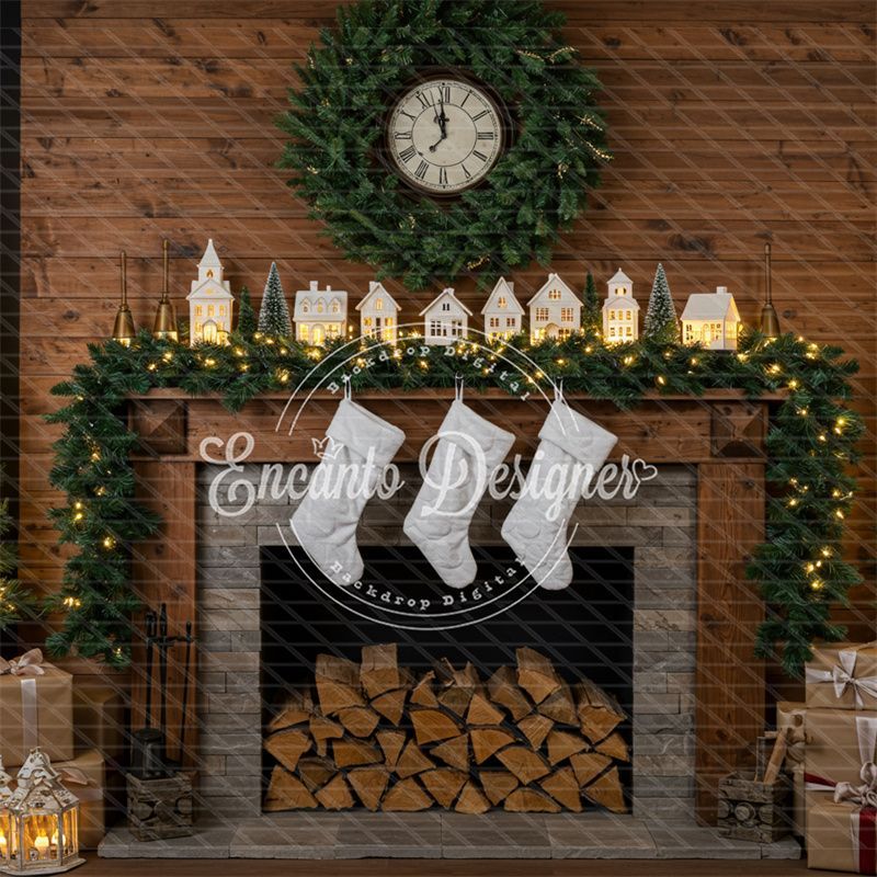 Wood Fireplace White Socks Christmas Backdrop - Layoris