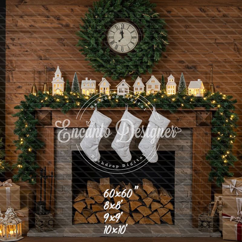 Wood Fireplace White Socks Christmas Backdrop - Layoris