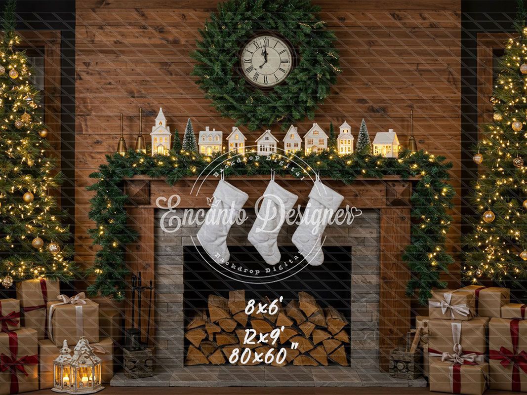 Wood Fireplace White Socks Christmas Backdrop - Layoris