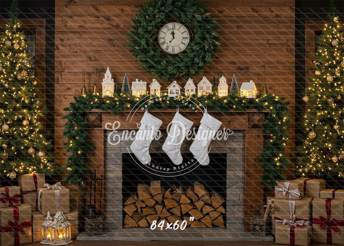 Wood Fireplace White Socks Christmas Backdrop - Layoris