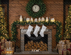 Wood Fireplace White Socks Christmas Backdrop - Layoris