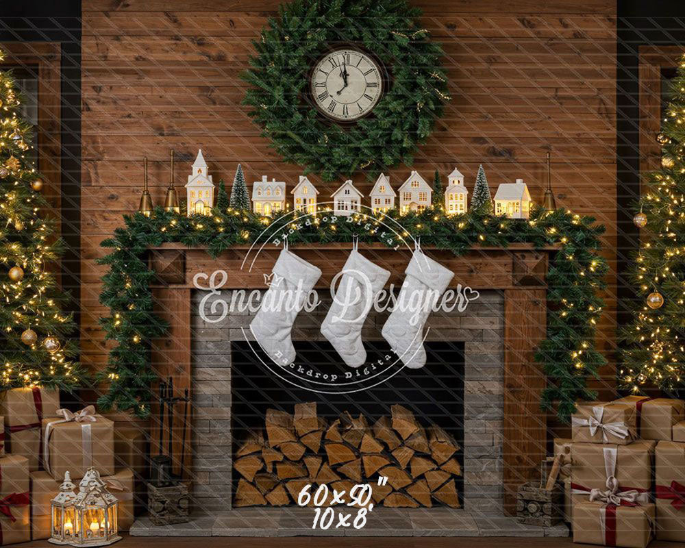 Wood Fireplace White Socks Christmas Backdrop - Layoris