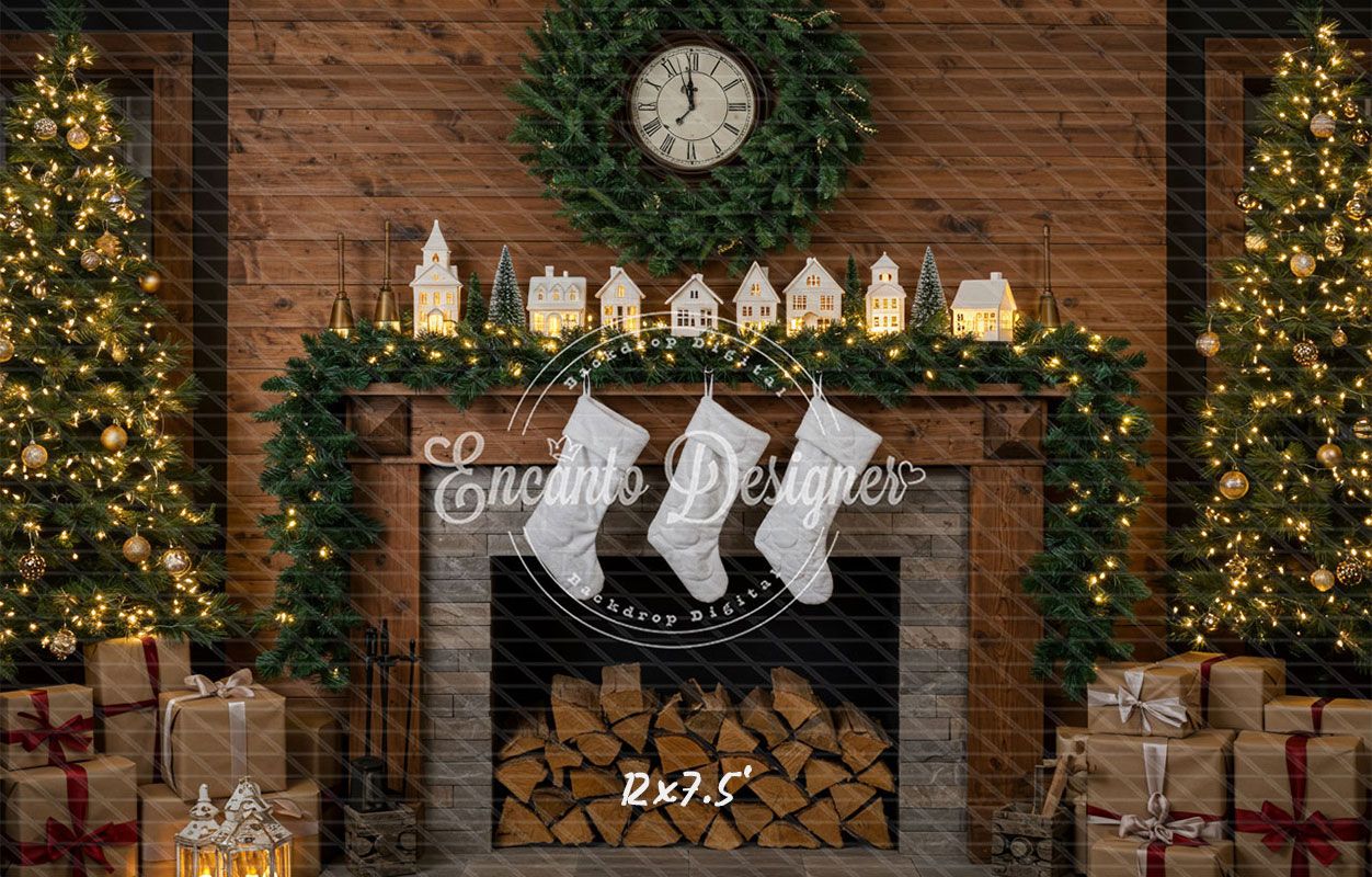 Wood Fireplace White Socks Christmas Backdrop - Layoris