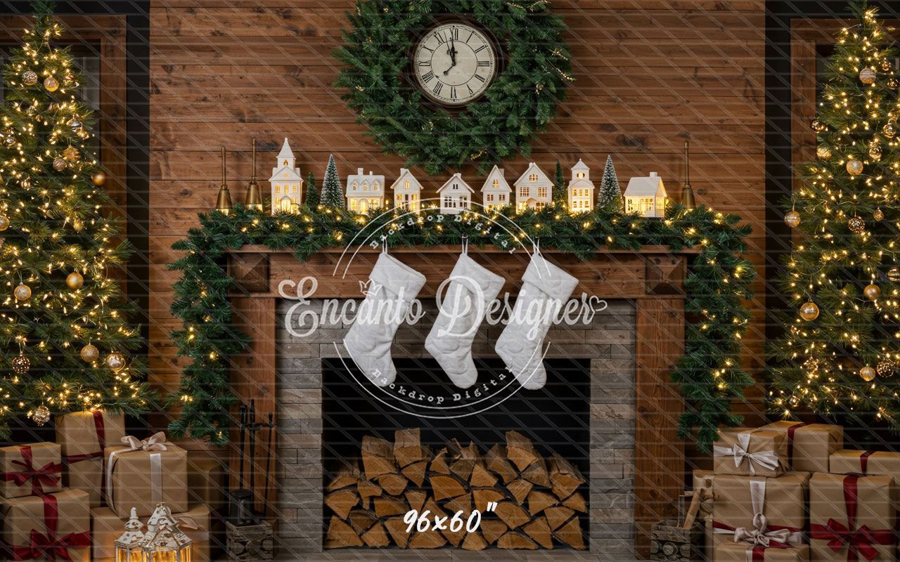 Wood Fireplace White Socks Christmas Backdrop - Layoris