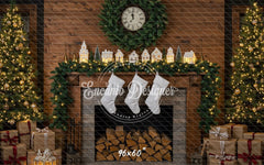 Wood Fireplace White Socks Christmas Backdrop - Layoris