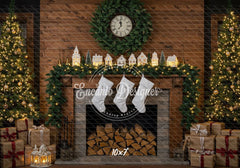Wood Fireplace White Socks Christmas Backdrop - Layoris