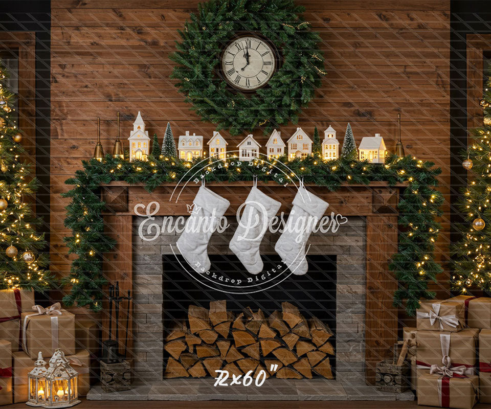 Wood Fireplace White Socks Christmas Backdrop - Layoris