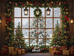 Snow Scene Window Wreath Christmas Backdrop - Layoris