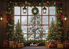 Snow Scene Window Wreath Christmas Backdrop - Layoris