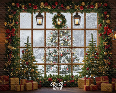 Snow Scene Window Wreath Christmas Backdrop - Layoris