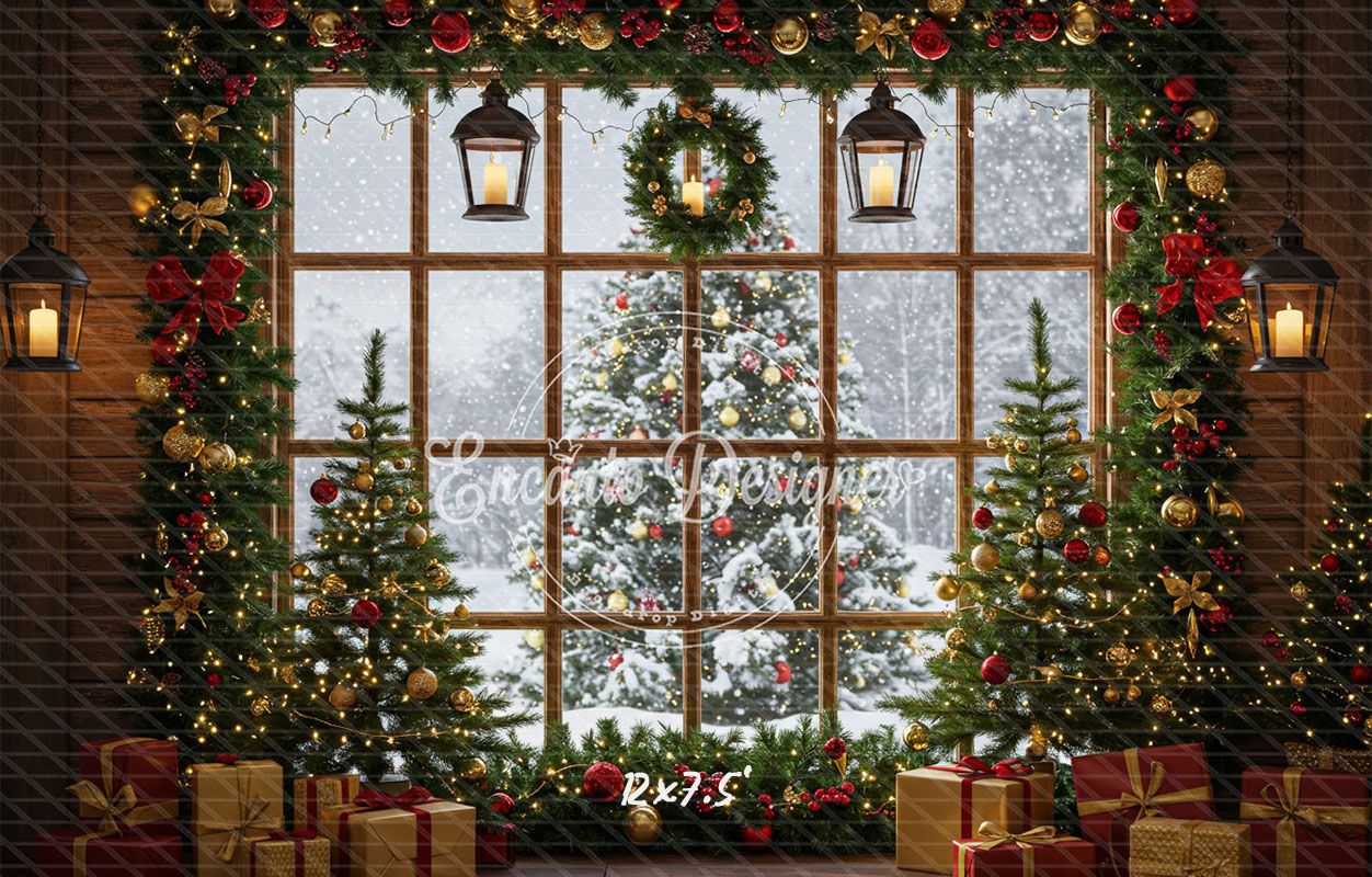 Snow Scene Window Wreath Christmas Backdrop - Layoris
