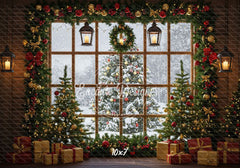 Snow Scene Window Wreath Christmas Backdrop - Layoris