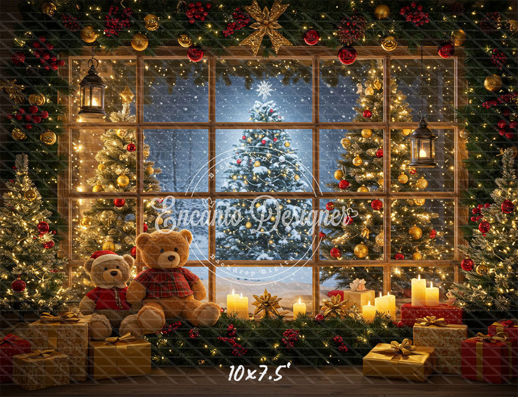 Bear Christmas Tree Window Holiday Backdrop - Layoris