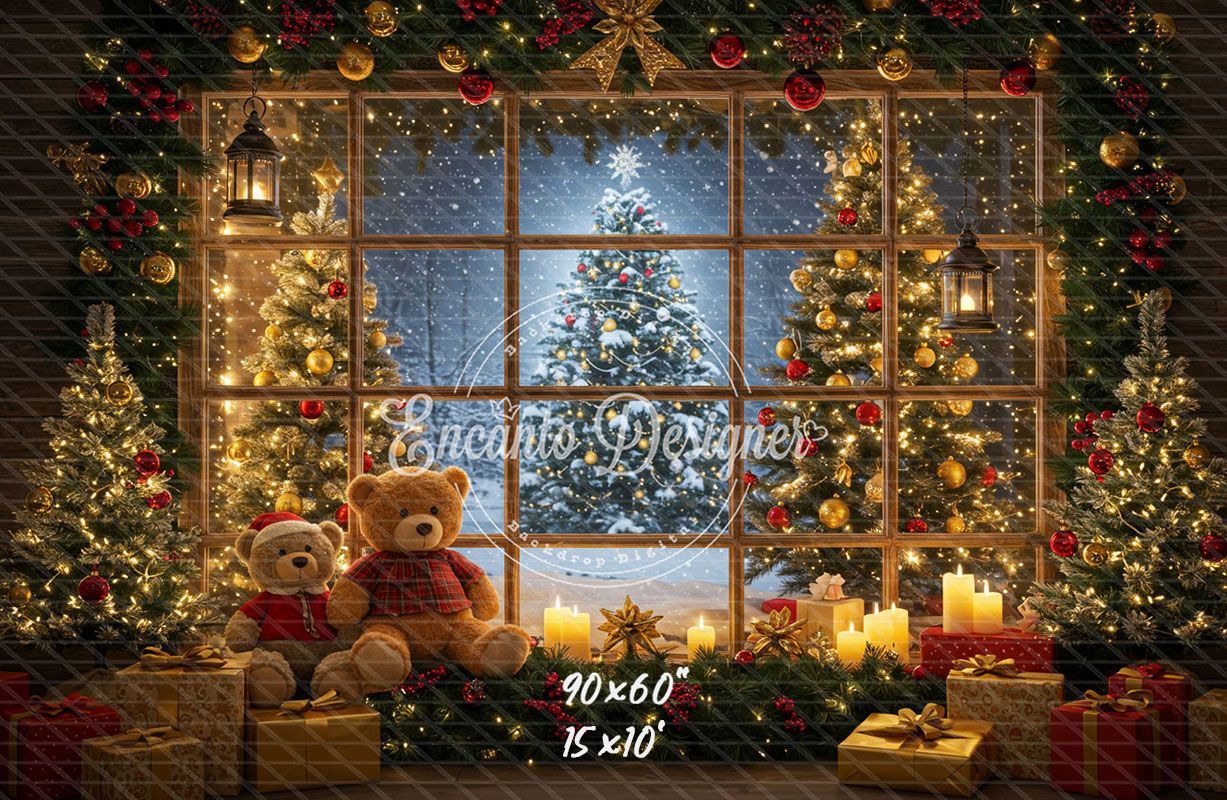 Bear Christmas Tree Window Holiday Backdrop - Layoris