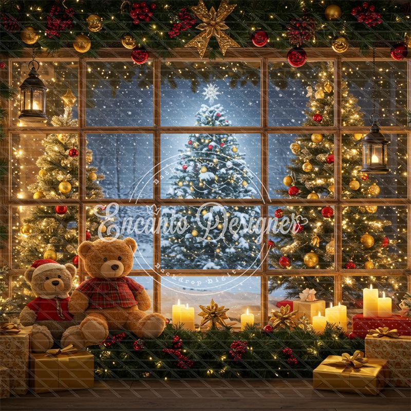 Bear Christmas Tree Window Holiday Backdrop - Layoris