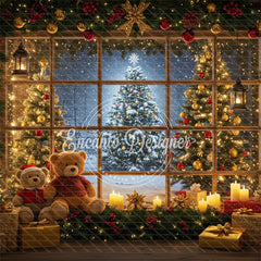 Bear Christmas Tree Window Holiday Backdrop - Layoris