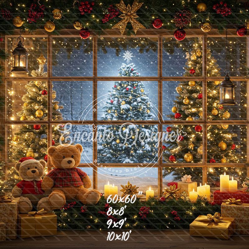 Bear Christmas Tree Window Holiday Backdrop - Layoris