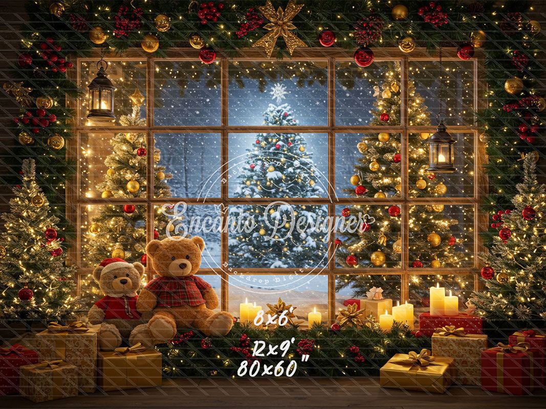Bear Christmas Tree Window Holiday Backdrop - Layoris
