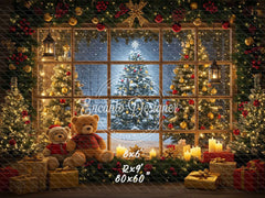 Bear Christmas Tree Window Holiday Backdrop - Layoris