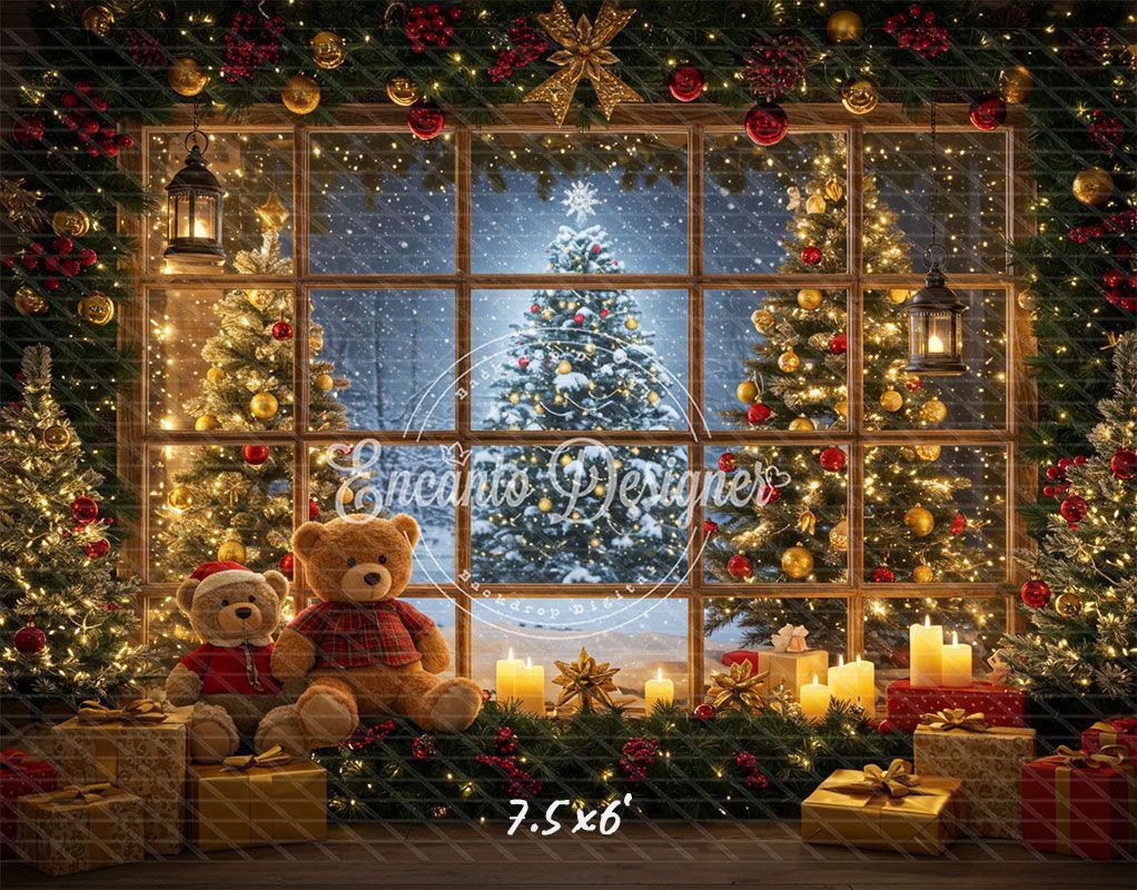 Bear Christmas Tree Window Holiday Backdrop - Layoris