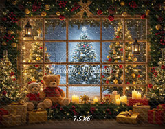 Bear Christmas Tree Window Holiday Backdrop - Layoris