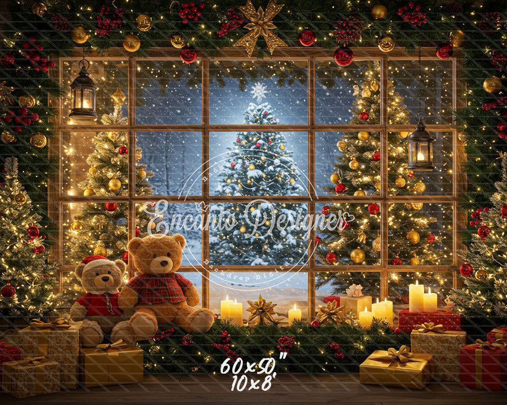 Bear Christmas Tree Window Holiday Backdrop - Layoris