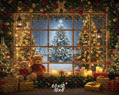 Bear Christmas Tree Window Holiday Backdrop - Layoris