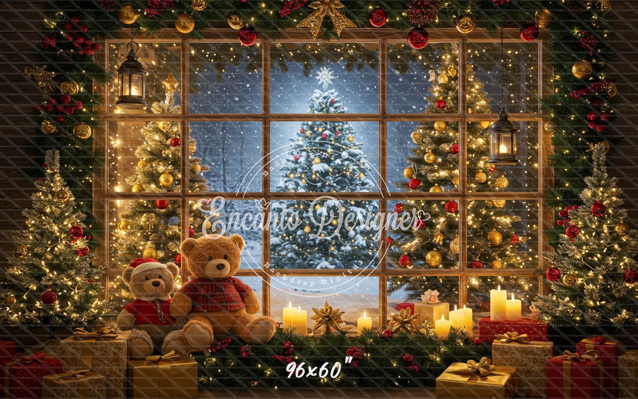 Bear Christmas Tree Window Holiday Backdrop - Layoris