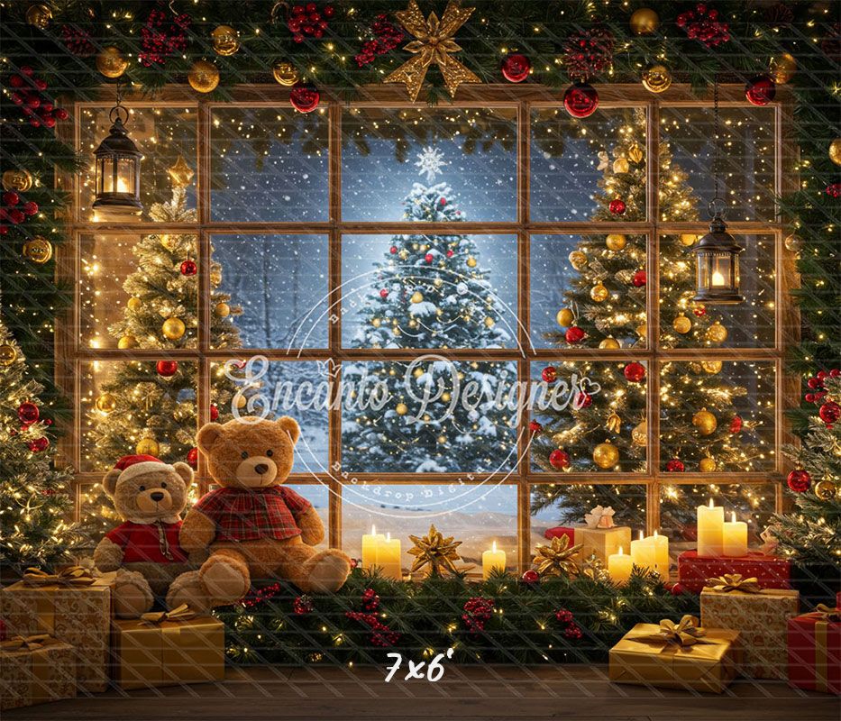 Bear Christmas Tree Window Holiday Backdrop - Layoris