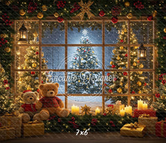 Bear Christmas Tree Window Holiday Backdrop - Layoris
