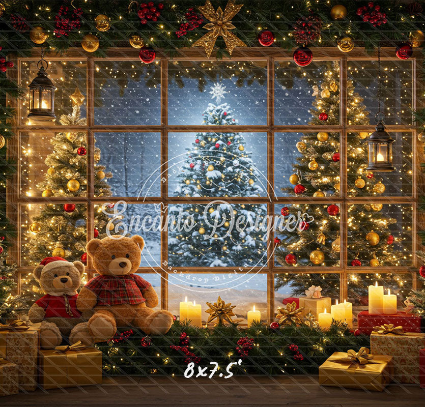Bear Christmas Tree Window Holiday Backdrop - Layoris