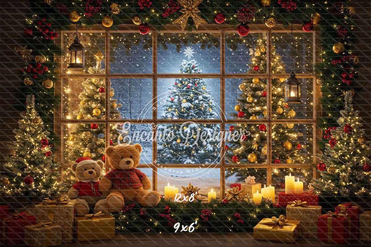 Bear Christmas Tree Window Holiday Backdrop - Layoris