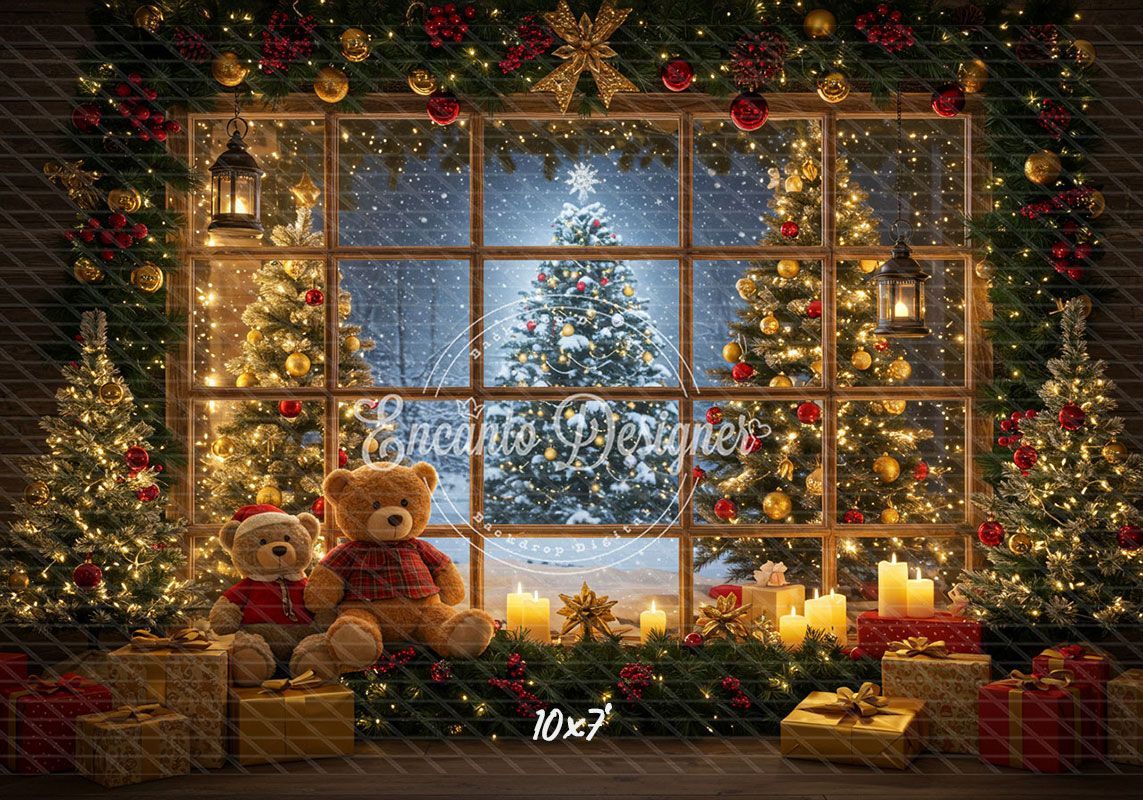 Bear Christmas Tree Window Holiday Backdrop - Layoris