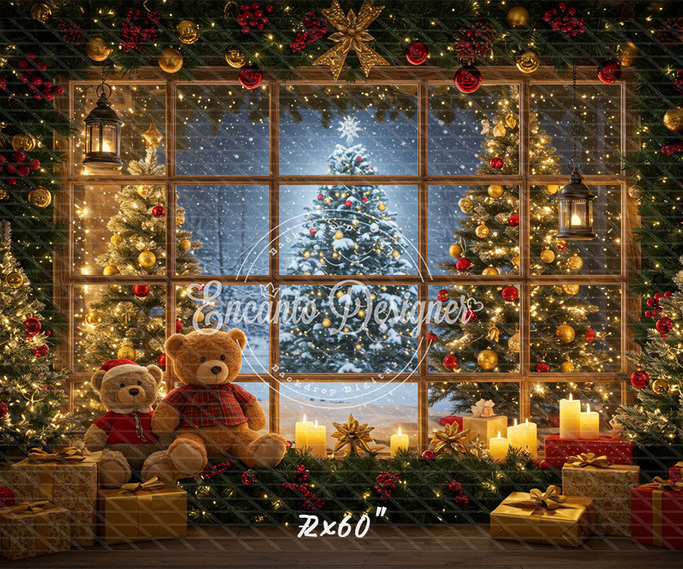 Bear Christmas Tree Window Holiday Backdrop - Layoris