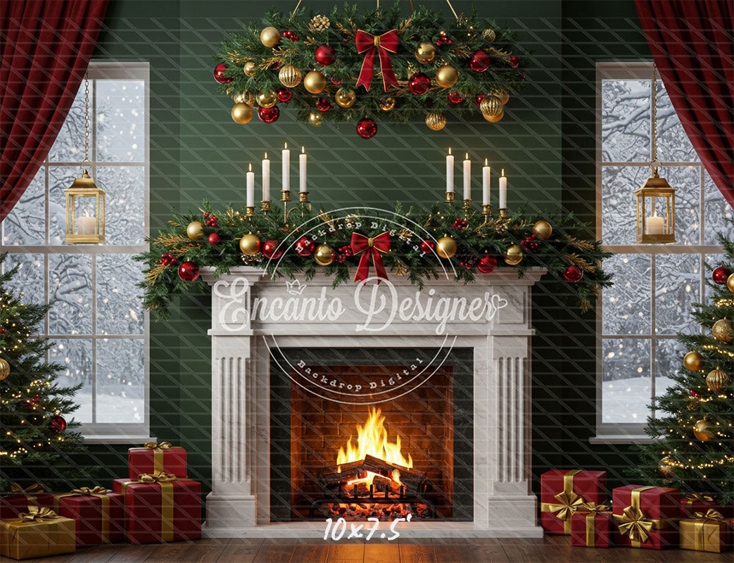 Fireplace Candles Window Christmas Backdrop - Layoris