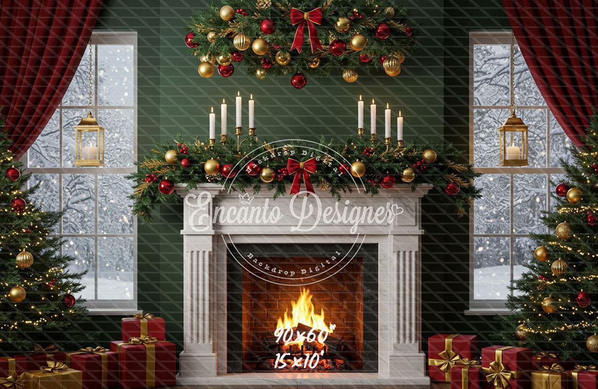 Fireplace Candles Window Christmas Backdrop - Layoris