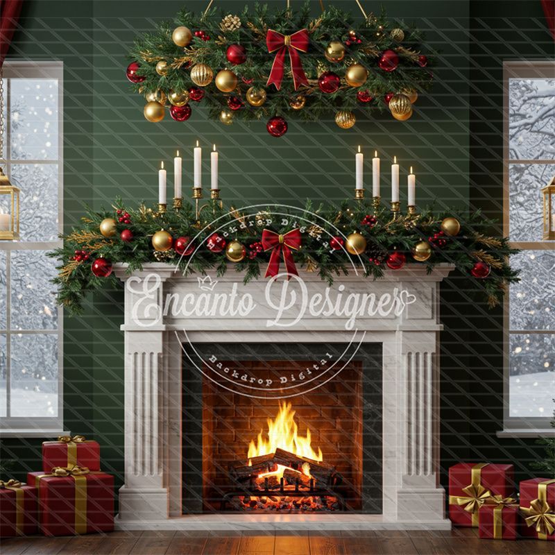 Fireplace Candles Window Christmas Backdrop - Layoris