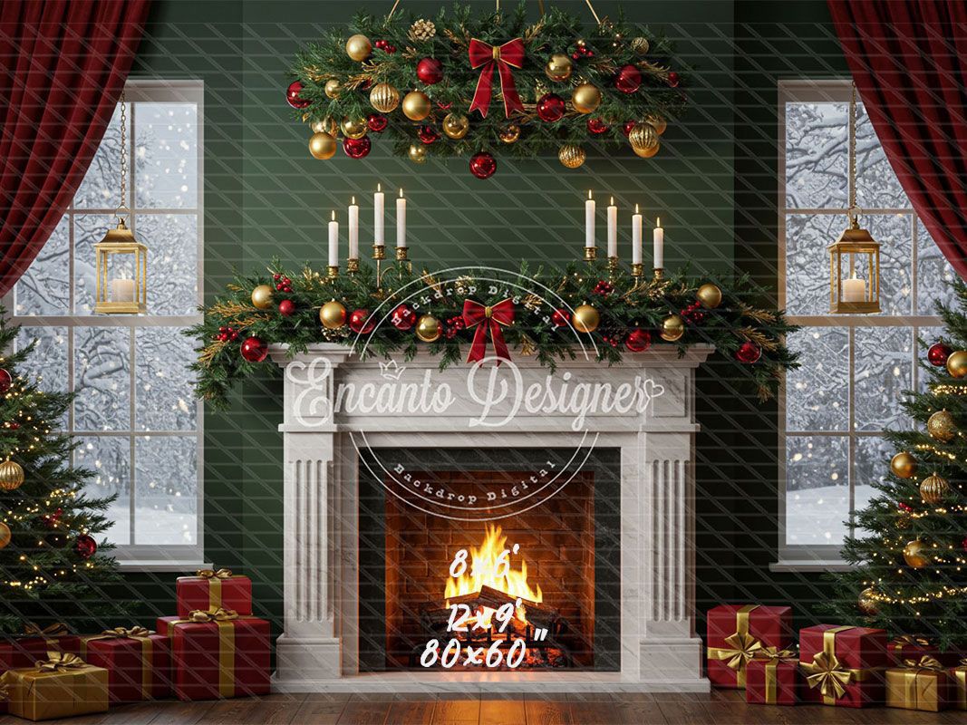 Fireplace Candles Window Christmas Backdrop - Layoris