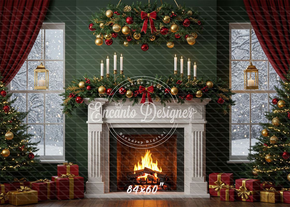 Fireplace Candles Window Christmas Backdrop - Layoris