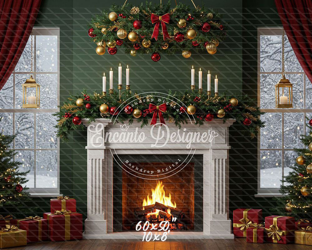Fireplace Candles Window Christmas Backdrop - Layoris